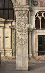 Pillars of Acre in Saint Mark Square. Ancient marble pillar with sasanid (persian) motif, from St Polyeuktos byzantine church in Constantinople and brought to Venice after the 4th Crusade (1204)