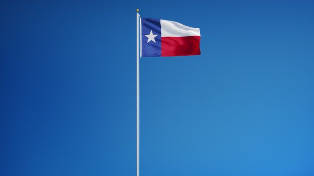 Texas flag waving in slow motion against clean blue sky, seamlessly looped, long shot, isolated on alpha channel with black and white luminance matte, perfect for film, news, digital composition