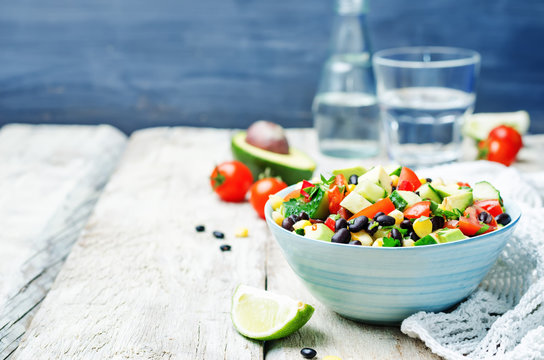 Black Beans Corn Avocado Cucumber Tomato Salad With Lime Dressin