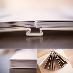 Collage: cream leatherette photo book, pages are deployed