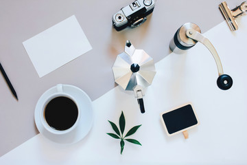 Creative flat lay photo of coffee workspace with coffee maker, c