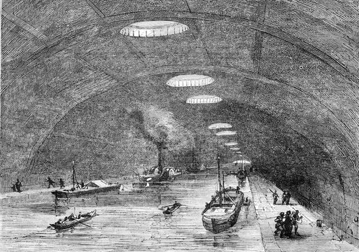 Underground Navigation Canal Saint-Martin, vintage engraving.