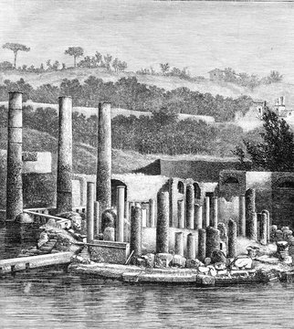 The ruins of serapis temple in Pozzuoli, vintage engraving.