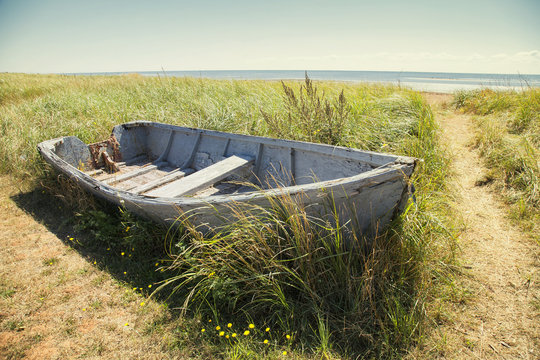 old wrecked boat on grassy coastline in cape bretton nova scotia