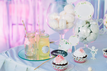 Dessert Sweet Tasty Cupcake In Candy Bar On Table. Delicious Swe