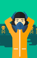 Woman in protective chemical suit.