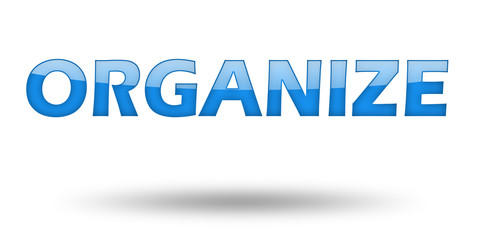 Word ORGANIZE with blue letters and shadow. 