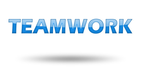 Word TEAMWORK with blue letters and shadow. 