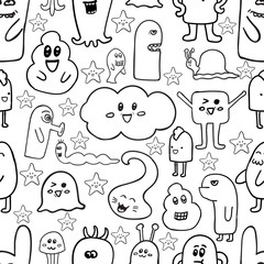Doodle vector seamless pattern with monsters. Funny monsters graffiti. can be used for backgrounds