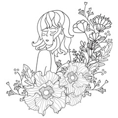 Vector Illustration Black and White Woman with flowers. coloring pages for adults. Coloring book.Card,print. zentagl, doodle style.