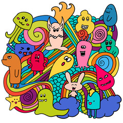  Funny monsters graffiti. Hand drawn sketch art. Doodle vector illustration. can be used for backgrounds, t-shirts
