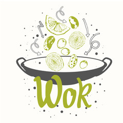 Vector food illustration with wok pan. Sketch style. - obrazy, fototapety, plakaty