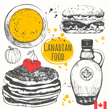 Canadian food in the sketch style.  Main course and snacks.