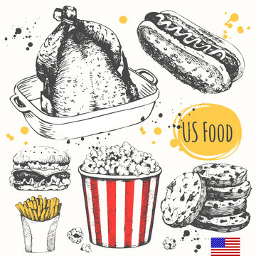 USA food in the sketch style. Main course and snacks.