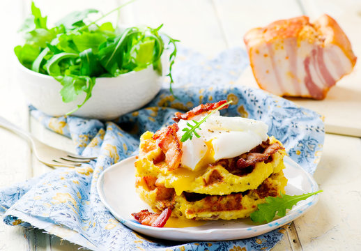 potato waffle with bacon and egg