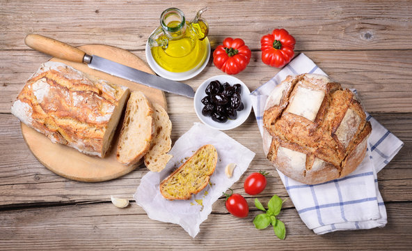 Bread, bruschetta, tomato, olives, extra virgin olive oil
