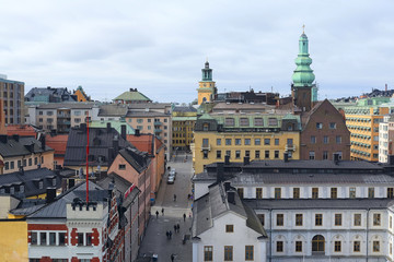 Naklejka na ściany i meble Stockholm, Sweden - March, 19, 2016: multystoried inhabited buildings in Stockholm, Sweden