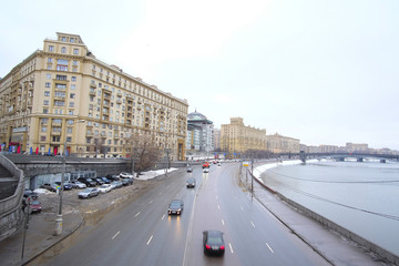 Moscow, Russia - January, 30, 2016: view of the embankment in the center of Moscow, Russia