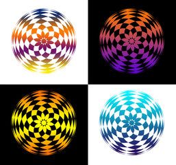 4 multicolored abstract round shapes with funky colors on white and black background
