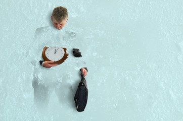 Businessman frozen in time representing antiquated business strategies, bad advice, old technology...