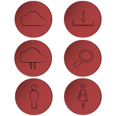 Set of outline icons on red circle, buttons, ribbons isolated on white background