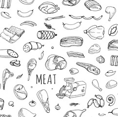 Seamless background hand drawn doodle set of cartoon different kind of meat and poultry Meat set Vector illustration Sketch meat elements collection Lamb Pork Mince Chicken Steak Bacon Sausage Salami
