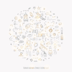 Hand drawn doodle Space and Cosmos set Vector illustration Universe icons Space concept elements Rocket Space ship symbols collection Solar system Planets Galaxy Milky Way Astronaut Tech freehand icon