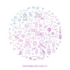 Hand drawn doodle Space and Cosmos set Vector illustration Universe icons Space concept elements Rocket Space ship symbols collection Solar system Planets Galaxy Milky Way Astronaut Tech freehand icon