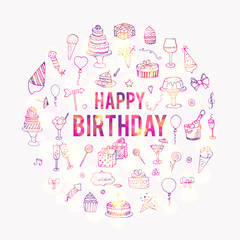 Fototapeta premium Hand drawn doodle Happy Birthday set Party and Celebration Concept Vector illustration Sketchy icons set Party elements Carnival festive icons Gifts, Hat, Cake, Bow, Drink, Firework, Sweets, Flags