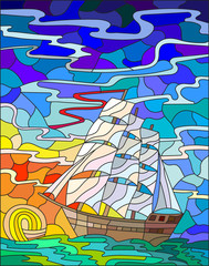 Illustration in stained glass style with sailboats against the sky, the sea and the sunrise