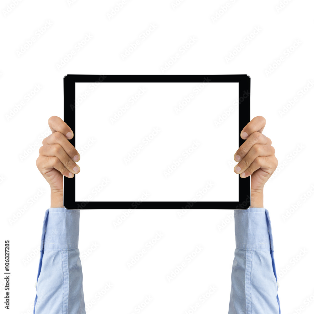 Poster business hand holding tablet showing screen display clipping path inside