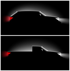 set of two pictures realistic pickup off-road car in the dark in the spotlight is a side view