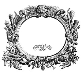 Renaissance ornamental frame with wild beast,arch, arrows and Hydra heads