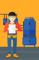 Confident builder with tablet.