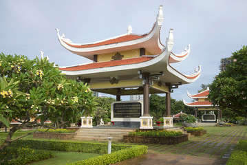 Pergola in traditional style with citations of Ho Chi Minh. Memorial complex Ho Chi Minh in Vung Tau, Vietnam