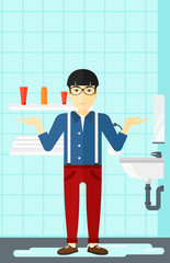 Man in despair standing near leaking sink.