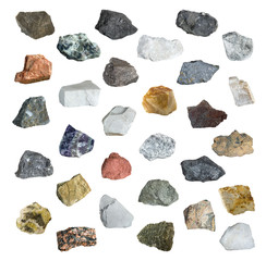 Collection set of minerals and stones isolated on white background. Iron ore, sandstone, apatite,...
