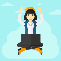 Woman sitting on cloud with laptop.