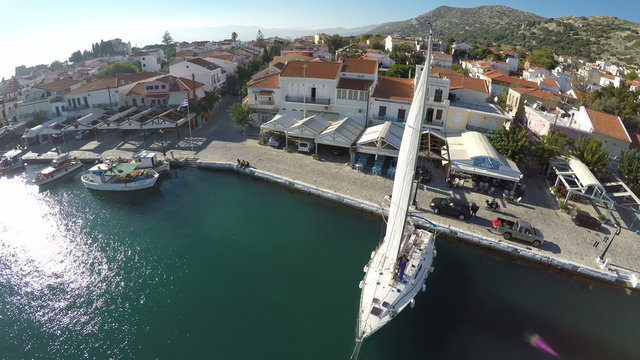 Aerial view of the traditional port of Pythagorio which is located at the greek island of Samos. 4k resolution