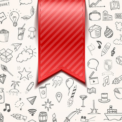 Isolated red bookmarkon background with doodle objects, vector illustration