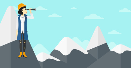 Business woman looking through spyglass.