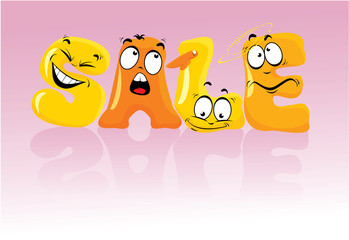 Fototapeta premium Word SALE in comic style, letters with Cartoon emotions faces