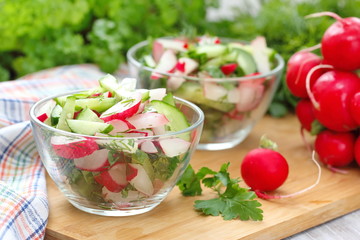 Fresh salad with radishes, cucumbers and olive oil
