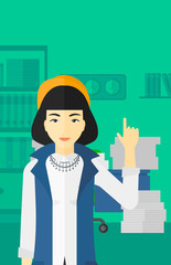 Business woman pointing up with her forefinger.