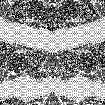 Black Lace seamless pattern with flowers on white background  -