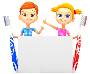 3D illustration. Boy and girl with toothbrushes on a white backg