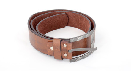 Brown leather men belt on white