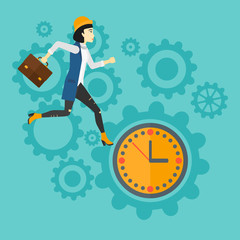 Running woman on clock background.