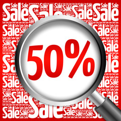 50 percent Sale word cloud with magnifying glass, business concept