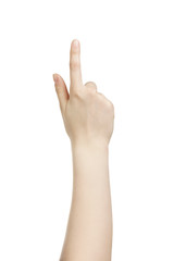 young woman hand touch screen gesture isolated on white background